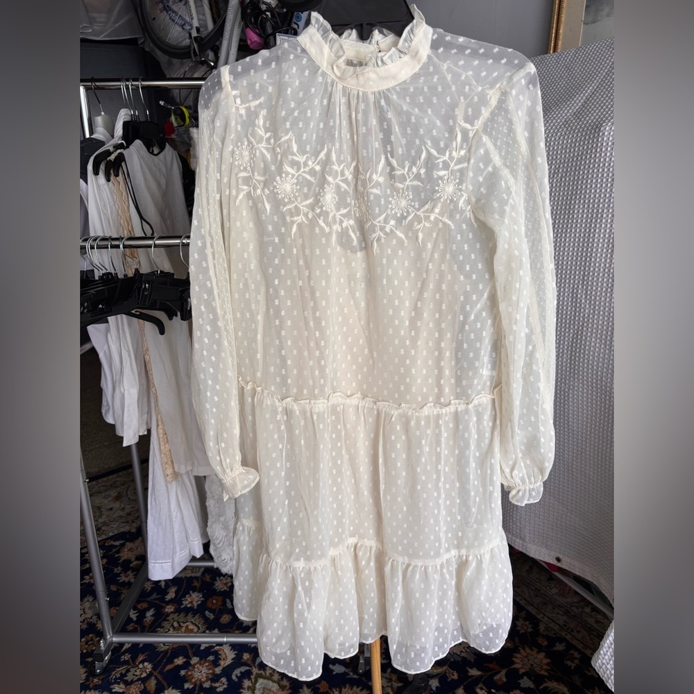 Vero Moda Ivory Swiss Dot Long Sleeve Tiered Mini Dress